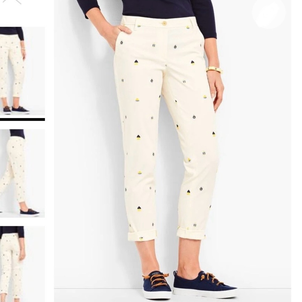 ✨NWOT✨GIRLFRIEND CHINO-NAUTICAL PRINT Women Size 12 Sailboat Anchor Blue Yellow